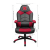 Nebraska Cornhuskers oversized gaming chair shown from the front with product dimensions and red-and-black team-inspired styling.