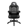 West Virginia Mountaineers oversized gaming chair in black and gray with the WV logo on the headrest, shown from the front.