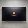Virginia Cavaliers pool table cover shown from above, featuring a black cover design with the orange Virginia “V” logo and crossed sabres centered on the surface. This NCAA billiard table cover is designed to protect the table while showcasing University of Virginia team pride.
