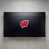 Wisconsin Badgers pool table cover shown from above, featuring a black cover design with the red Wisconsin “W” logo centered on the surface. This NCAA billiard table cover is designed to protect the table while showcasing University of Wisconsin team pride.