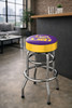 LSU Tigers 30" chrome bar stool displayed in a home entertainment setting, featuring a purple and gold team logo seat with a polished chrome base. This college team stool is perfect for adding LSU spirit to a fan cave, home bar, pool room, or game room.