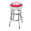 Wisconsin Badgers 30" chrome bar stool featuring a round red and white team logo seat with shiny chrome legs and footrest. This NCAA bar stool is a great seating option for a fan cave, game room, bar area, pool room, or entertainment space.