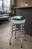 Michigan State Spartans 30" chrome bar stool displayed in a home entertainment setting, featuring a green and white team logo seat with a polished chrome base. This college team stool is perfect for adding MSU spirit to a fan cave, home bar, pool room, or game room.