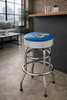 Kansas Jayhawks 30" chrome bar stool displayed in a home entertainment setting, featuring a blue team logo seat with a polished chrome base. This college team stool is perfect for adding Kansas spirit to a fan cave, home bar, pool room, or game room.