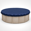 Studio-style product image showing a beige 12-foot round above-ground pool fitted with a dark navy winter pool cover. The cover is stretched smoothly across the top with slight ruffling around the edge, displayed against a clean light background.