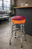 Virginia Tech Hokies 30" chrome bar stool displayed in a home entertainment setting, featuring a maroon and orange team logo seat with a polished chrome base. This college team stool is perfect for adding Virginia Tech spirit to a fan cave, home bar, pool room, or game room.