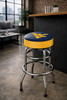 West Virginia Mountaineers 30" chrome bar stool displayed in a home entertainment setting, featuring a navy blue and gold team logo seat with a polished chrome base. This college team stool is perfect for adding WVU spirit to a fan cave, home bar, pool room, or game room.