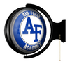 Front angled view of the Air Force Academy Falcons Original Round Rotating Lighted Wall Sign, featuring a circular illuminated team display, black housing, wall-mounting bracket, and pull chain.