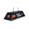 Angled product view of the Auburn Tigers 42-inch hanging billiard table light, featuring a black frame, navy-and-orange team graphics, Auburn logos, and ceiling suspension chains.