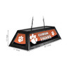 Alternate angled view of the Clemson Tigers 42-inch hanging pool table light, showing the team-branded decorative panels, black fixture frame, suspension chains, and product dimensions.