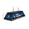 Alternate angled view of the Duke Blue Devils 42-inch hanging pool table light, showing the team-branded decorative panels, black fixture frame, suspension chains, and product dimension markings.