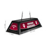 Alternate angled view of the Indiana Hoosiers 42-inch hanging pool table light, showing the team-branded decorative panels, black fixture frame, suspension chains, and product dimension markings.