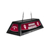 Angled product view of the Indiana Hoosiers 42-inch hanging billiard table light, featuring a black frame, crimson-and-white team graphics, Indiana logos, and ceiling suspension chains.
