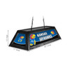 Alternate angled view of the Kansas Jayhawks 42-inch hanging pool table light, showing the team-branded decorative panels, black fixture frame, suspension chains, and product dimension markings.