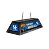 Angled product view of the Kentucky Wildcats 42-inch hanging billiard table light, featuring a black frame, blue-and-white team graphics, Kentucky logos, and ceiling suspension chains.