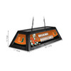 Alternate angled view of the Miami Hurricanes 42-inch hanging pool table light, showing the team-branded decorative panels, black fixture frame, suspension chains, and product dimension markings.