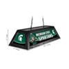 Alternate angled view of the Michigan State Spartans 42-inch hanging pool table light, showing the team-branded decorative panels, black fixture frame, suspension chains, and product dimension markings.