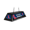 Angled product view of the Ole Miss Rebels 42-inch hanging billiard table light, featuring a black frame, navy-and-red team graphics, Ole Miss logos, and ceiling suspension chains.