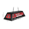 Alternate angled view of the North Carolina State Wolfpack 42-inch hanging pool table light, showing the team-branded decorative panels, black fixture frame, suspension chains, and product dimension markings.