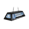 Angled product view of the North Carolina Tar Heels 42-inch hanging billiard table light, featuring a black frame, Carolina blue-and-white team graphics, interlocking NC logos, and ceiling suspension chains.