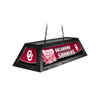 Angled product view of the Oklahoma Sooners 42-inch hanging billiard table light, featuring a black frame, crimson-and-cream team graphics, Oklahoma logos, and ceiling suspension chains.