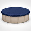 18' round above-ground winter pool cover installed on a round swimming pool, showing the blue cover fitted securely over the pool for seasonal protection.