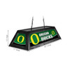 Alternate angled view of the Oregon Ducks 42-inch hanging pool table light, showing the team-branded decorative panels, black fixture frame, suspension chains, and product dimension markings.