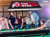 Lifestyle view of the Utah Utes 42-inch hanging billiard table light installed above a pool table, demonstrating its appearance in a game room, billiard room, home bar, or Utah Utes fan cave.