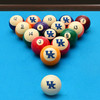 Kentucky Wildcats billiard balls arranged in a triangle rack on blue pool table felt, featuring blue interlocking “UK” graphics with a coordinating Kentucky cue ball positioned in the foreground.