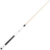 Angled full-length view of the South Carolina Gamecocks white laser-etched billiard cue, showcasing the natural wood-colored shaft, garnet-and-black team branding, white design section, and contrasting black grip.
