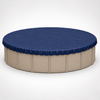 21' round above-ground swimming pool shown with a blue winter pool cover fully installed, providing a clear view of the cover’s fit, shape, and finished appearance.