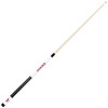 Angled full-length view of the Virginia Tech Hokies white laser-etched billiard cue, showcasing the natural wood-colored shaft, maroon-and-orange team branding, white design section, and contrasting black grip.