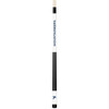 Full-length vertical product view of the West Virginia Mountaineers 19oz White Laser Etched 58-inch Cue on a white background, highlighting the white team-branded section, blue-and-gold West Virginia graphics, black grip, and natural wood-colored shaft.