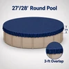 27'/28' round above-ground winter pool cover shown with a 3-foot overlap extending down the pool wall for added coverage and secure installation.