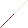 Angled full-length view of the Arkansas Razorbacks 19oz Team Color Laser Etched 58" Cue, highlighting its natural-colored shaft, cardinal-red team graphics, black grip, and two-piece construction.