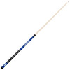 Angled full-length view of the BYU Cougars 19oz Team Color Laser Etched 58" Cue, highlighting its natural-colored shaft, royal blue accents, black grip, and two-piece construction.