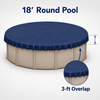18' round winter pool cover shown with a 3-foot overlap extending down the outside of the above-ground pool wall for improved coverage and secure winter installation.