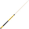 Angled full-length view of the Missouri Tigers 19oz Team Color Laser Etched 58" Cue, highlighting its natural-colored shaft, black and gold accents, dark grip, and two-piece construction.