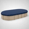 12' x 24' oval above-ground swimming pool with dark blue winter pool cover installed, showing full coverage and secure fit around the pool perimeter.