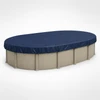 15' x 26' oval above-ground swimming pool with navy blue winter pool cover installed for seasonal protection against leaves, debris, precipitation, and winter weather.