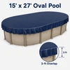 15' x 27' oval winter pool cover installed on an above-ground pool, highlighting the 3-foot cover overlap extending down from the pool’s top edge for secure seasonal installation.