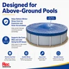 Rec Warehouse winter pool cover benefits graphic highlighting above-ground pool protection, winter debris defense, added coverage, and seasonal pool protection.