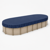 15' x 30' oval above-ground swimming pool with navy blue winter pool cover installed for seasonal protection from leaves, debris, precipitation, and winter weather.