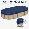 16' x 25' oval winter pool cover installed on an above-ground pool, highlighting the 3-foot cover overlap extending down from the pool’s top edge for secure seasonal installation.