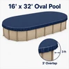 16' x 32' oval winter pool cover installed on an above-ground pool, highlighting the 3-foot cover overlap extending down from the pool’s top edge for secure seasonal installation.