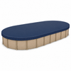18' x 36' oval above-ground swimming pool with navy blue winter pool cover installed for seasonal protection from leaves, debris, precipitation, and winter weather.