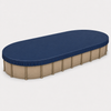 21' x 43' oval above-ground swimming pool with navy blue winter pool cover installed for seasonal protection from leaves, debris, precipitation, and winter weather.