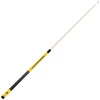 Full-length angled view of the West Virginia Mountaineers 58-inch billiard cue showing the natural-finish shaft and contrasting gold, navy, and black team-color butt design.