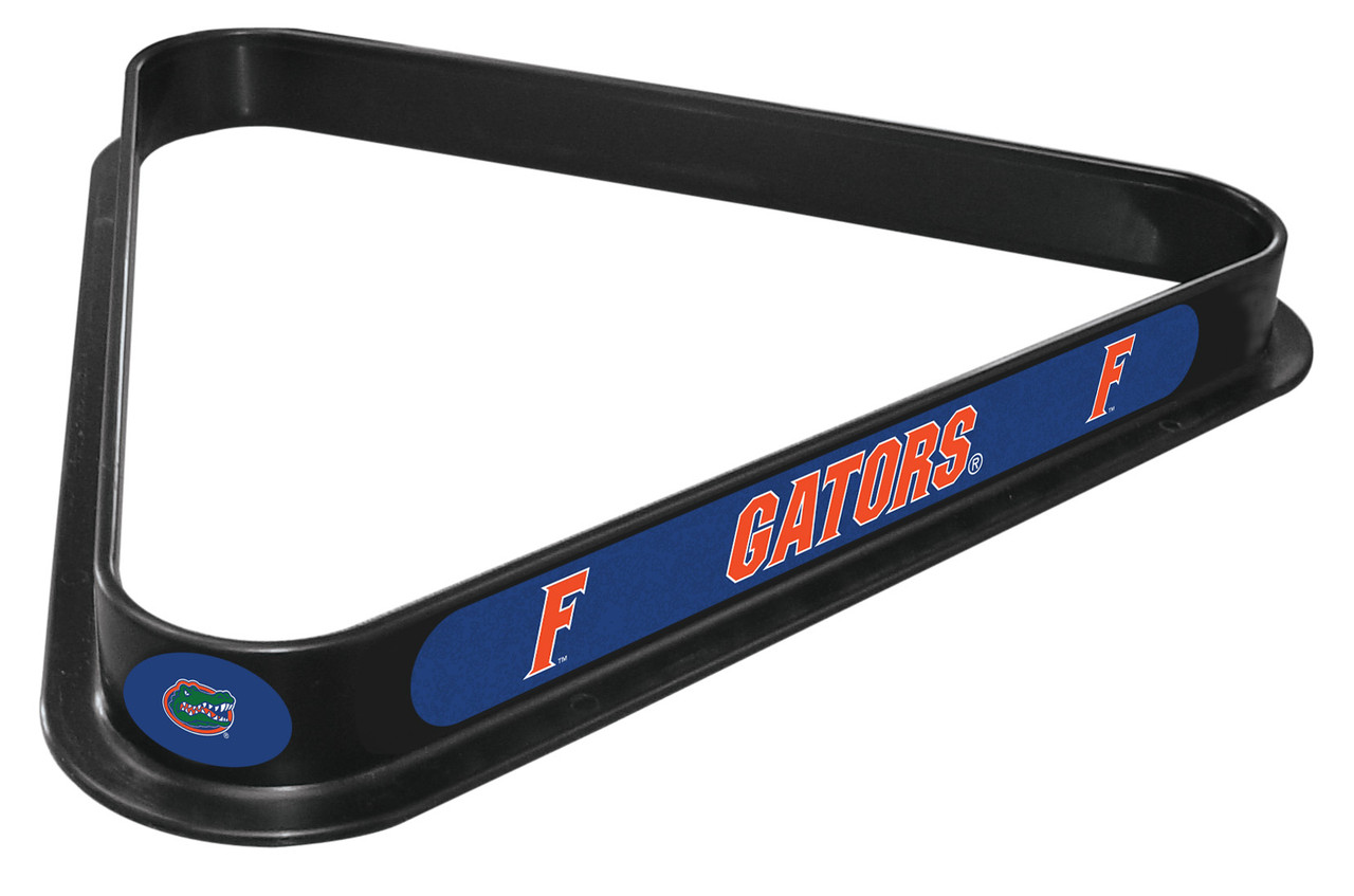 Florida Gators billiard triangle featuring a black frame with blue and orange Gators graphics and Florida lettering, shown at an angle on a white background.