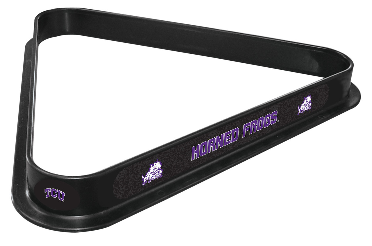 TCU Horned Frogs billiard triangle featuring a black frame with purple TCU lettering, Horned Frogs team graphics, and purple and white accents, shown at an angle on a white background.